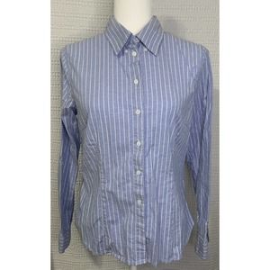 Label of Greater Goods Women s Long Sleeve Button Up Blue White Stripes Tailored